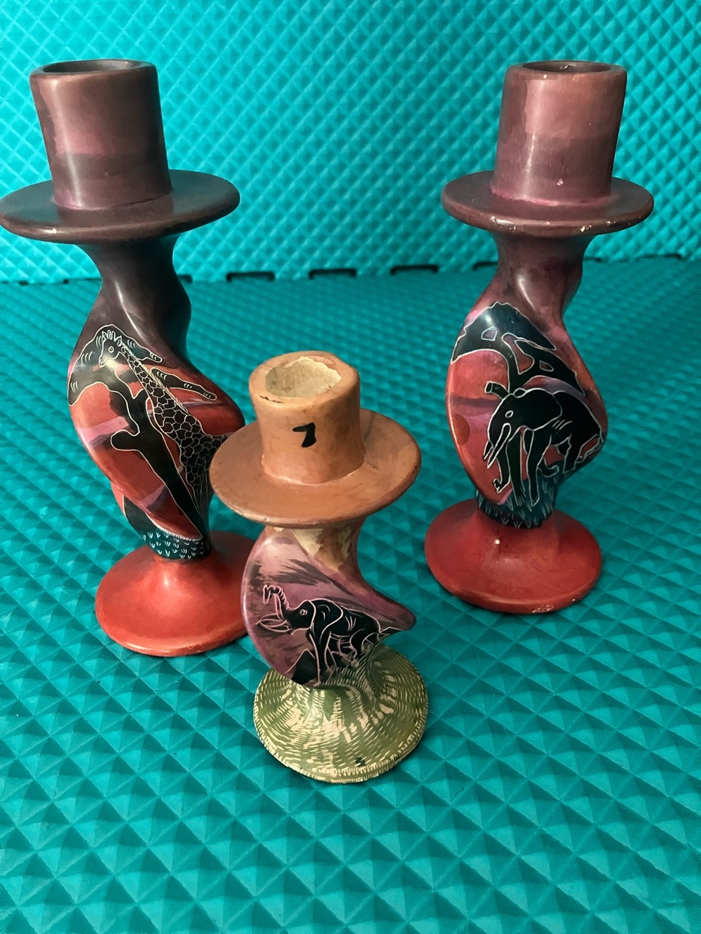 Vintage hand-carved Kisii soapstone candlestick holder | Set Of Three from Kenya